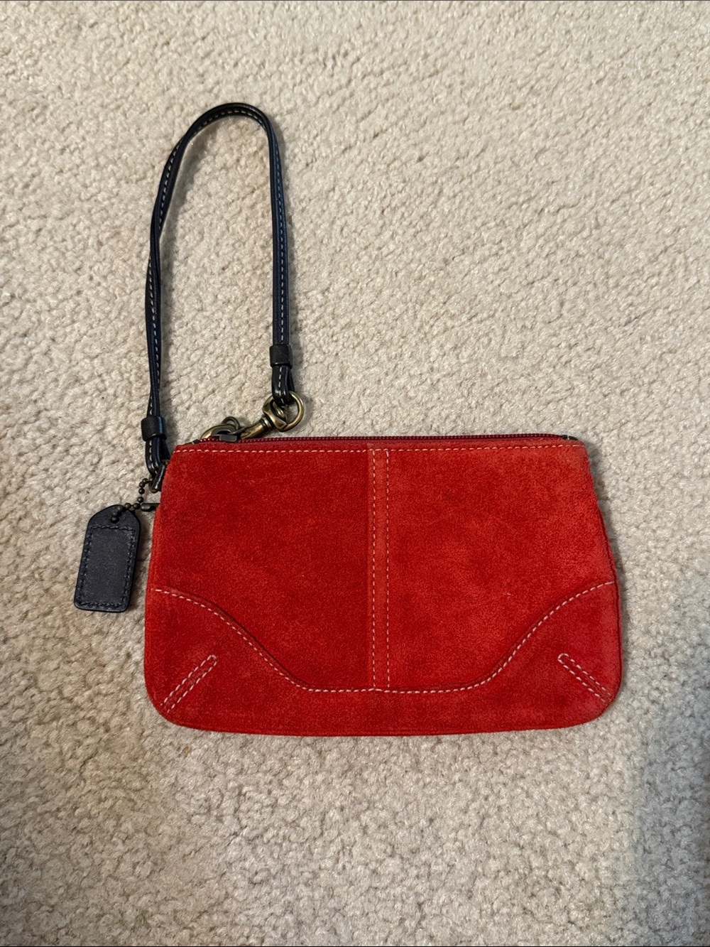 Coach Red Suede Wristlet Clutch with Black Strap